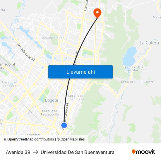 Avenida 39 to Universidad De San Buenaventura map
