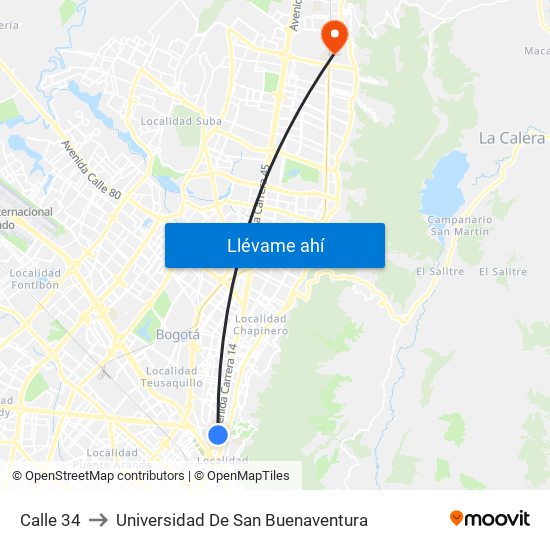 Calle 34 to Universidad De San Buenaventura map