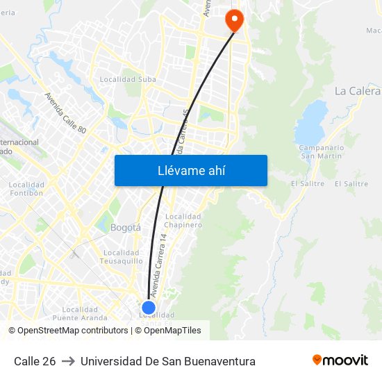 Calle 26 to Universidad De San Buenaventura map