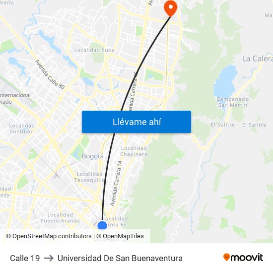 Calle 19 to Universidad De San Buenaventura map