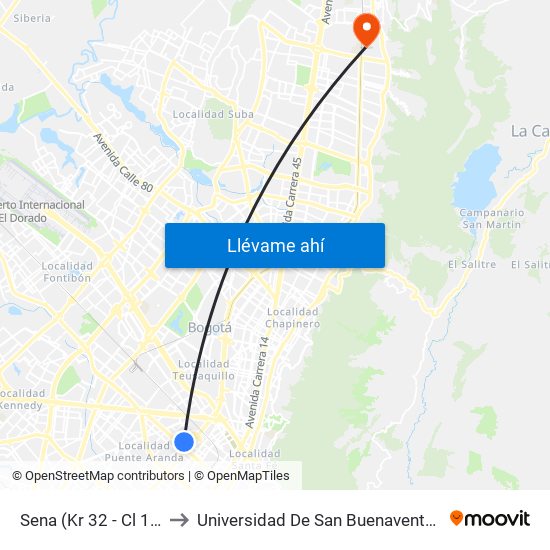 Sena (Kr 32 - Cl 15) to Universidad De San Buenaventura map