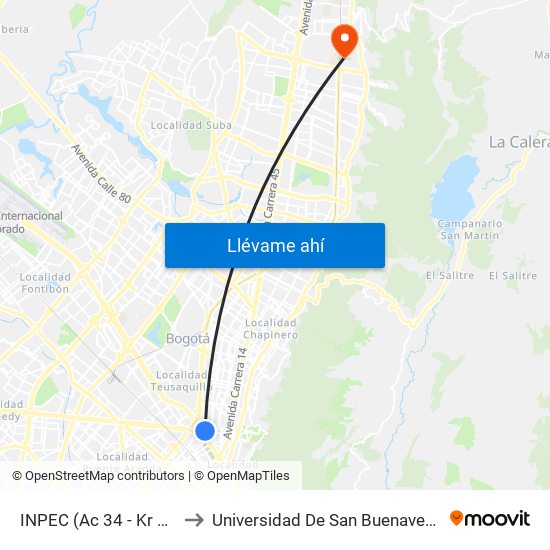 INPEC (Ac 34 - Kr 28a) to Universidad De San Buenaventura map