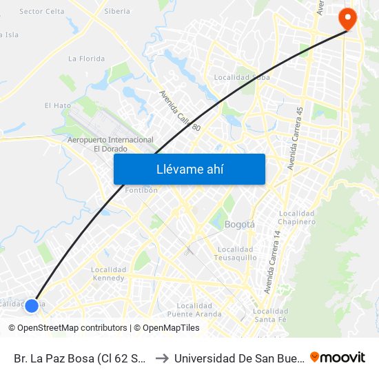 Br. La Paz Bosa (Cl 62 Sur - Kr 82c) to Universidad De San Buenaventura map