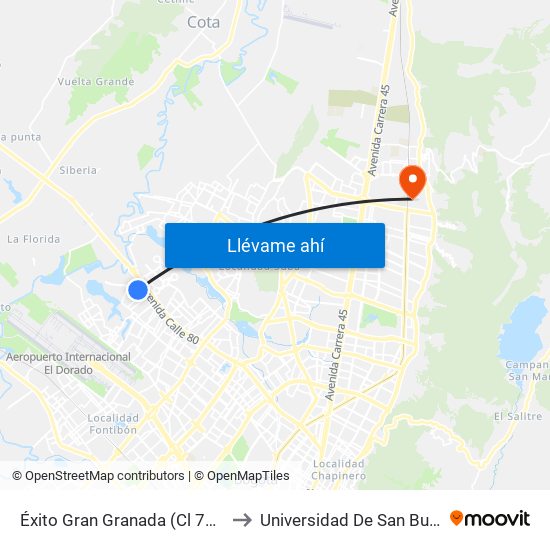 Éxito Gran Granada (Cl 78b - Kr 114a) to Universidad De San Buenaventura map