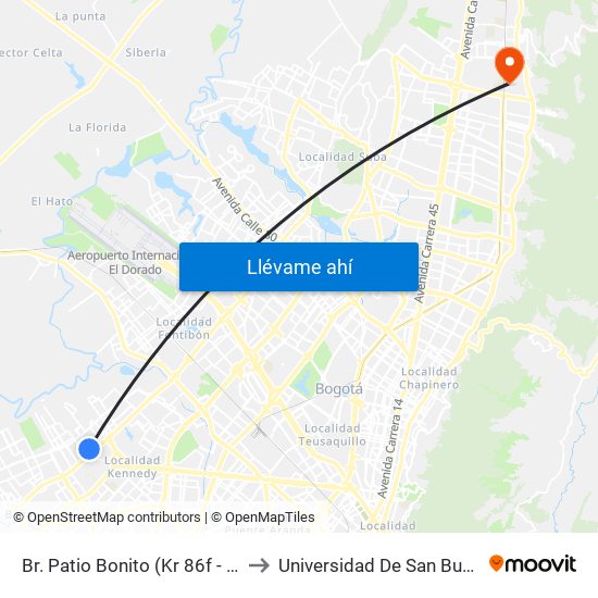 Br. Patio Bonito (Kr 86f - Cl 35b Sur) to Universidad De San Buenaventura map