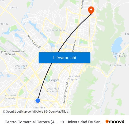 Centro Comercial Carrera (Ak 50 - Av. Américas) to Universidad De San Buenaventura map