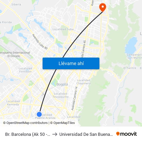 Br. Barcelona (Ak 50 - Ac 3) to Universidad De San Buenaventura map