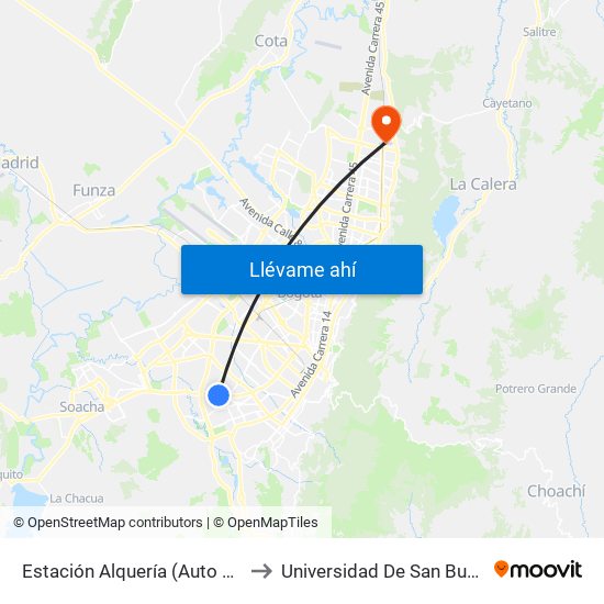 Estación Alquería (Auto Sur - Kr 51f) to Universidad De San Buenaventura map