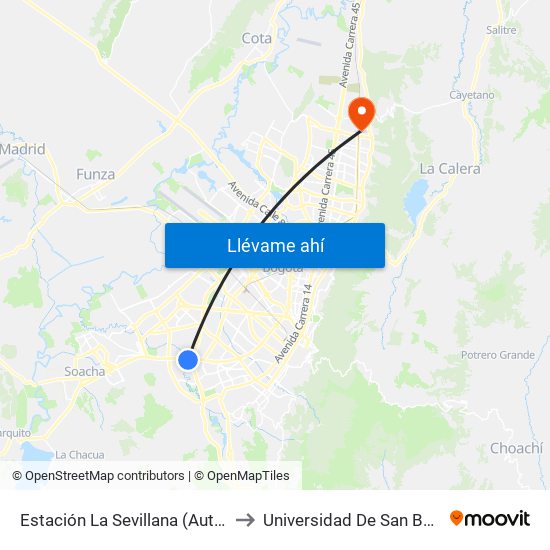 Estación La Sevillana (Auto Sur - Kr 60) to Universidad De San Buenaventura map