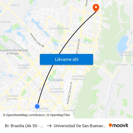 Br. Brasilia (Ak 50 - Cl 4c) to Universidad De San Buenaventura map