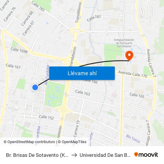 Br. Brisas De Sotavento (Kr 55 - Cl 161a) to Universidad De San Buenaventura map