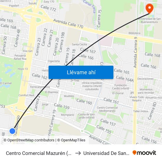 Centro Comercial Mazurén (Cl 152 - Auto Norte) to Universidad De San Buenaventura map