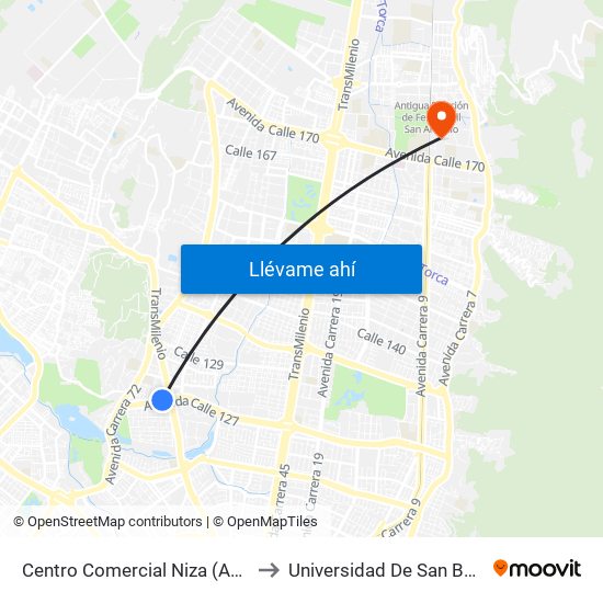 Centro Comercial Niza (Ac 127 - Kr 60) to Universidad De San Buenaventura map