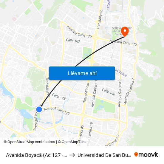 Avenida Boyacá (Ac 127 - Av. Boyacá) to Universidad De San Buenaventura map
