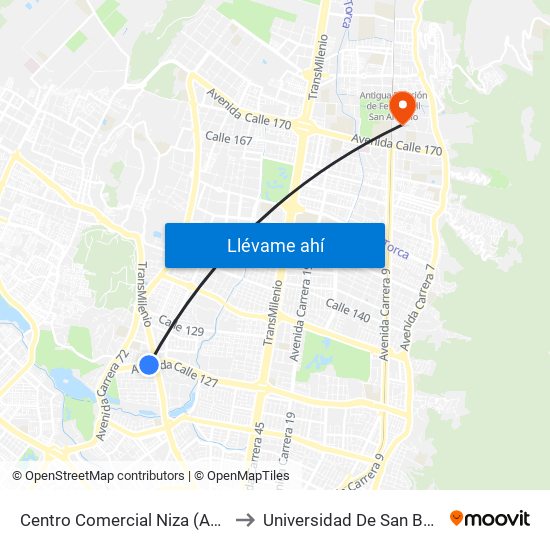 Centro Comercial Niza (Ac 127 - Kr 60) to Universidad De San Buenaventura map