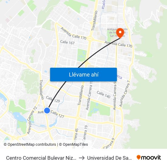 Centro Comercial Bulevar Niza (Ac 127 - Av. Suba) to Universidad De San Buenaventura map