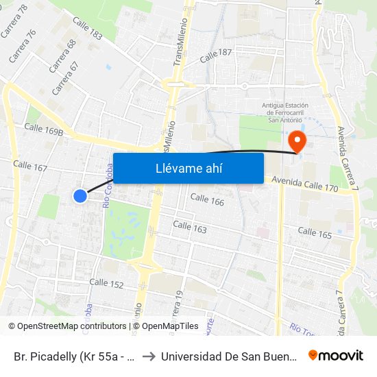 Br. Picadelly (Kr 55a - Cl 163) to Universidad De San Buenaventura map