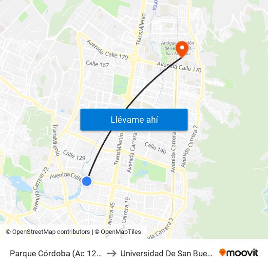 Parque Córdoba (Ac 127 - Kr 54) to Universidad De San Buenaventura map