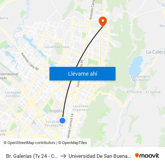 Br. Galerías (Tv 24 - Cl 53b) to Universidad De San Buenaventura map