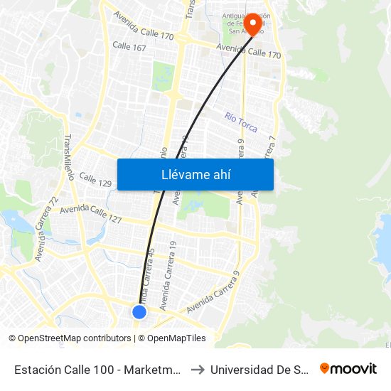 Estación Calle 100 - Marketmedios (Auto Norte - Cl 98) to Universidad De San Buenaventura map