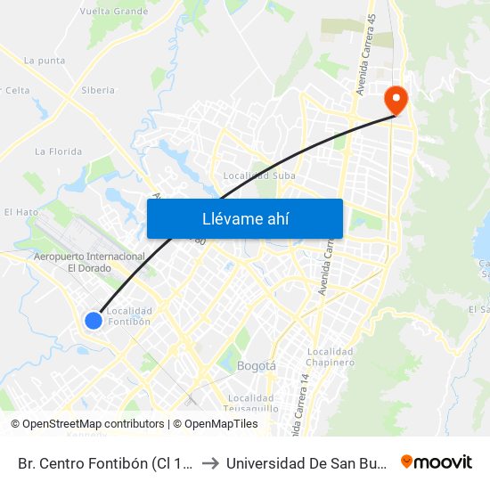 Br. Centro Fontibón (Cl 17 - Ak 100) to Universidad De San Buenaventura map