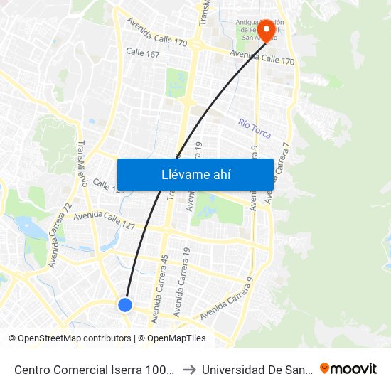 Centro Comercial Iserra 100 (Ac 100 - Tv 55) (A) to Universidad De San Buenaventura map