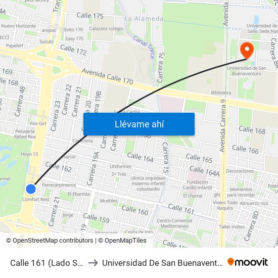 Calle 161 (Lado Sur) to Universidad De San Buenaventura map