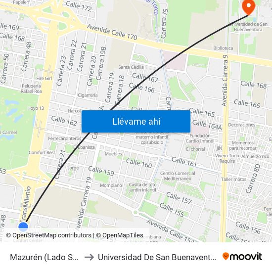 Mazurén (Lado Sur) to Universidad De San Buenaventura map