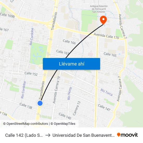 Calle 142 (Lado Sur) to Universidad De San Buenaventura map