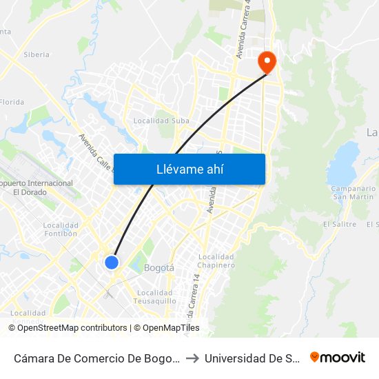 Cámara De Comercio De Bogotá - Salitre (Ac 26 - Kr 69) to Universidad De San Buenaventura map