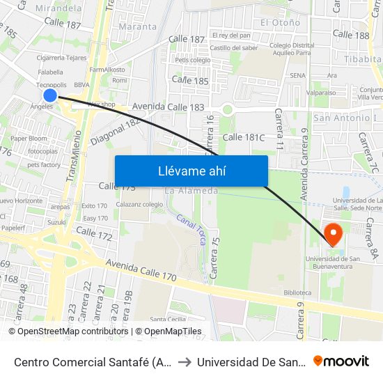 Centro Comercial Santafé (Ac 183 - Auto Norte) to Universidad De San Buenaventura map