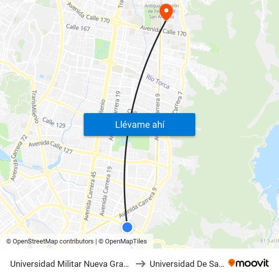 Universidad Militar Nueva Granada (Ac 100 - Kr 10) (A) to Universidad De San Buenaventura map