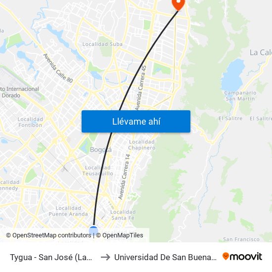 Tygua - San José (Lado Sur) to Universidad De San Buenaventura map