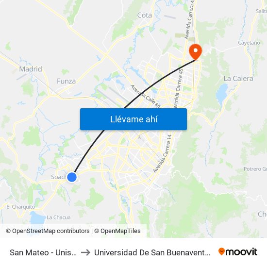 San Mateo - Unisur to Universidad De San Buenaventura map