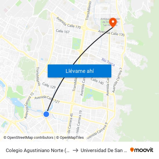 Colegio Agustiniano Norte (Ac 116 - Av. Suba) to Universidad De San Buenaventura map