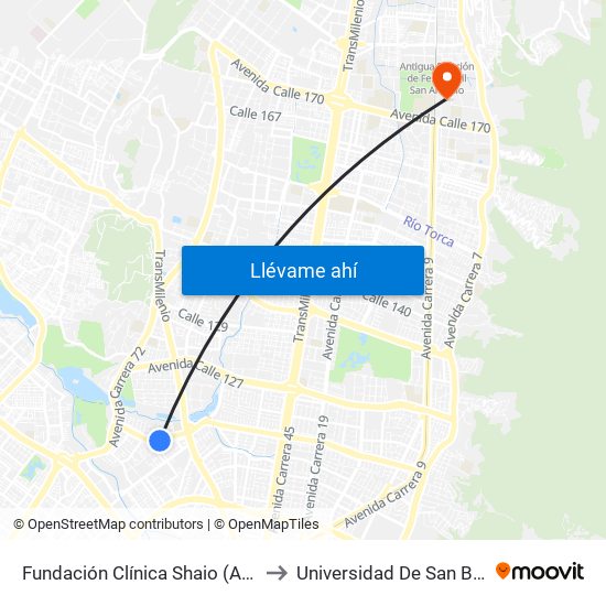 Fundación Clínica Shaio (Ac 116 - Kr 70d) to Universidad De San Buenaventura map