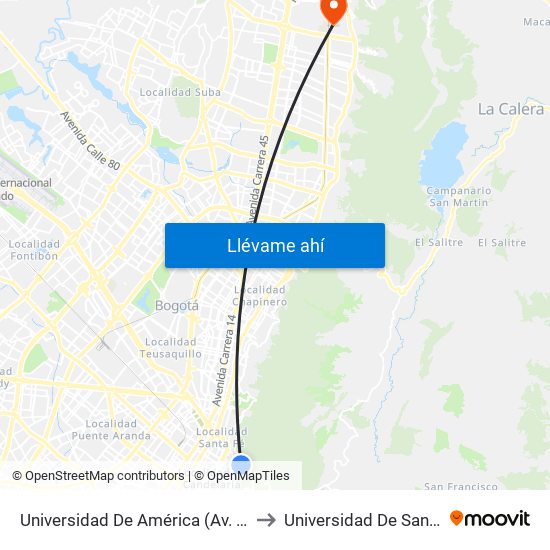 Universidad De América (Av. Circunvalar - Cl 19a) to Universidad De San Buenaventura map