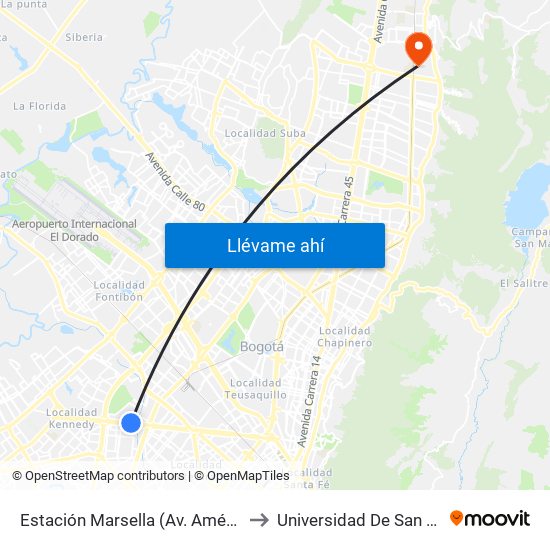 Estación Marsella (Av. Américas - Kr 69c) (A) to Universidad De San Buenaventura map