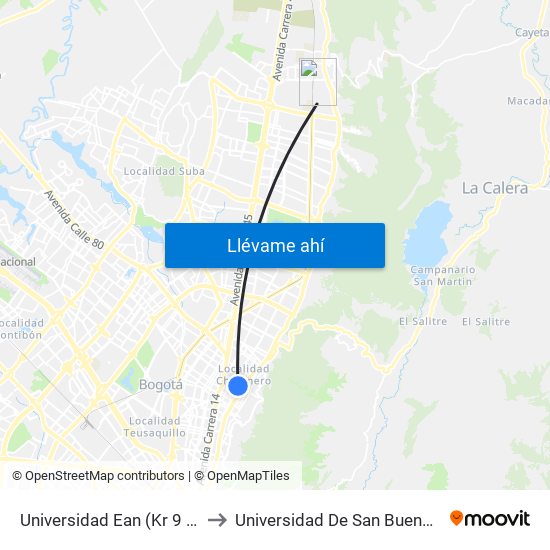 Universidad Ean (Kr 9 - Cl 71) to Universidad De San Buenaventura map