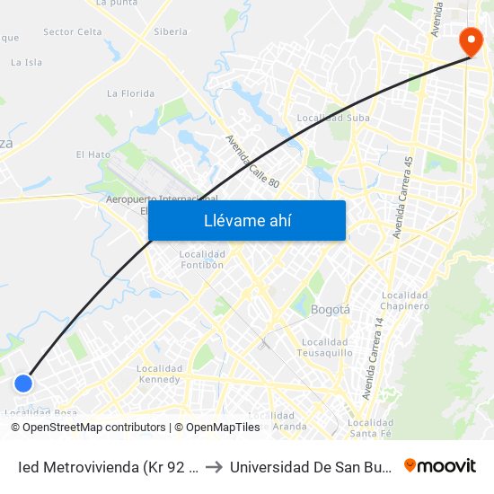 Ied Metrovivienda (Kr 92 - Cl 72 Sur) to Universidad De San Buenaventura map