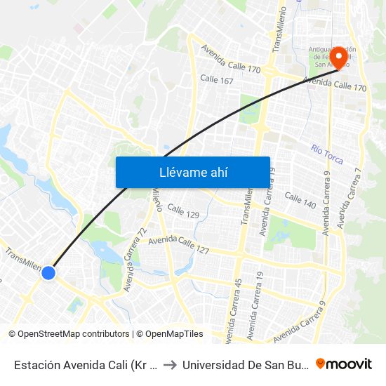 Estación Avenida Cali (Kr 85a - Ac 80) to Universidad De San Buenaventura map