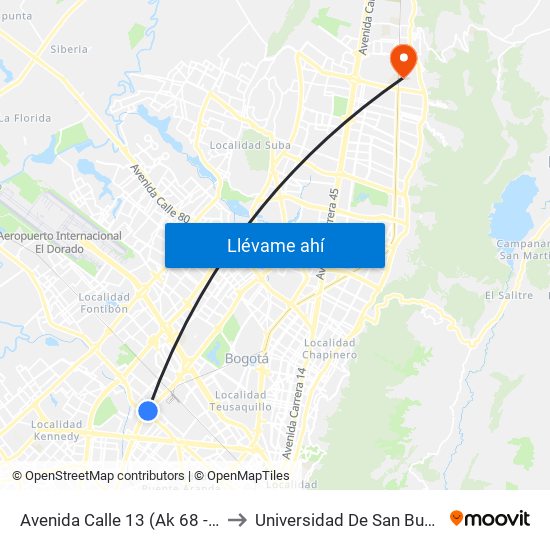 Avenida Calle 13 (Ak 68 - Ac 13) (A) to Universidad De San Buenaventura map