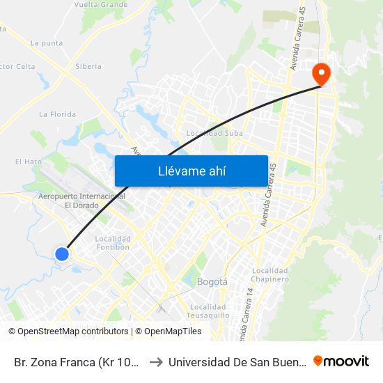 Br. Zona Franca (Kr 106 - Cl 14) to Universidad De San Buenaventura map