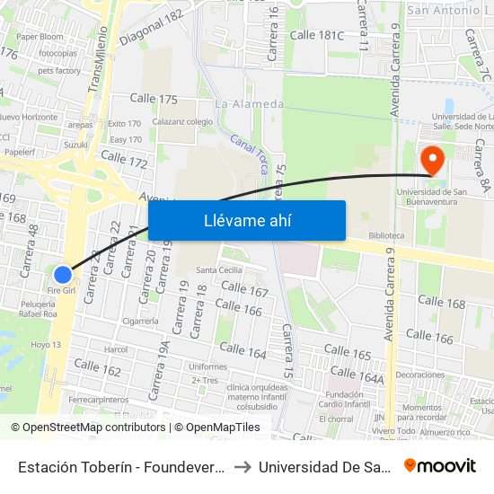 Estación Toberín - Foundever (Auto Norte - Cl 166) to Universidad De San Buenaventura map