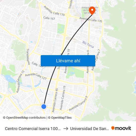 Centro Comercial Iserra 100 (Ac 100 - Kr 54) (B) to Universidad De San Buenaventura map
