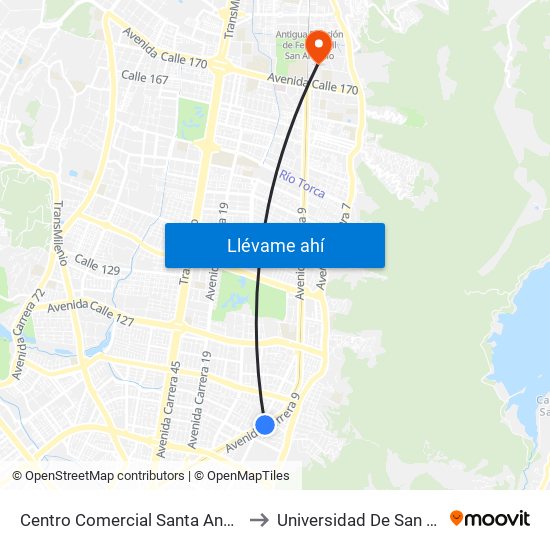 Centro Comercial Santa Ana (Ak 9 - Dg 108a) to Universidad De San Buenaventura map