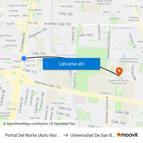 Portal Del Norte (Auto Norte - Cl 172a) (A) to Universidad De San Buenaventura map