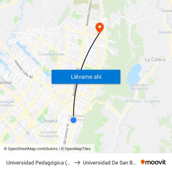 Universidad Pedagógica (Ac 72 - Kr 10) to Universidad De San Buenaventura map