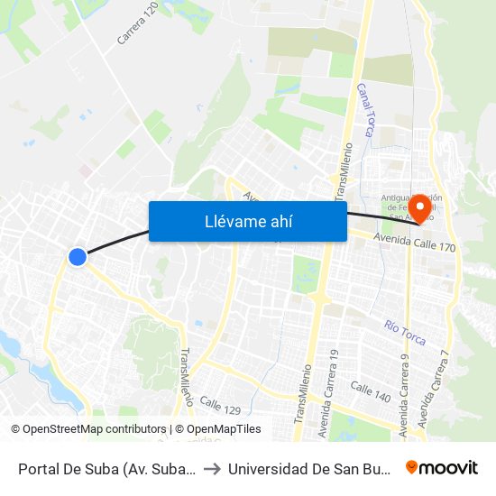 Portal De Suba (Av. Suba - Kr 103c) to Universidad De San Buenaventura map