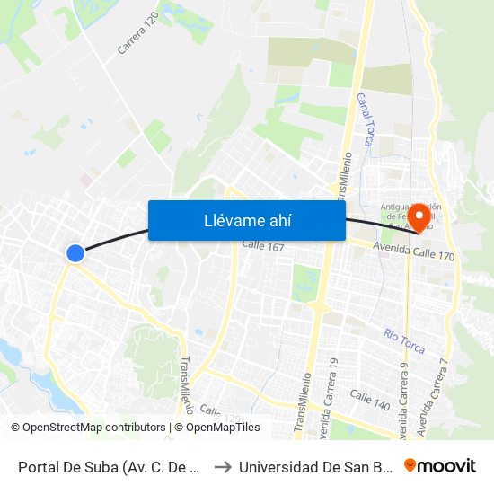 Portal De Suba (Av. C. De Cali - Av. Suba) to Universidad De San Buenaventura map